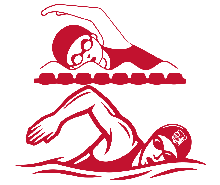 Illustration of a swimmer with goggles and a swim cap, performing a backstroke, with a hand reaching over the swimmer's head, in red and white colors.