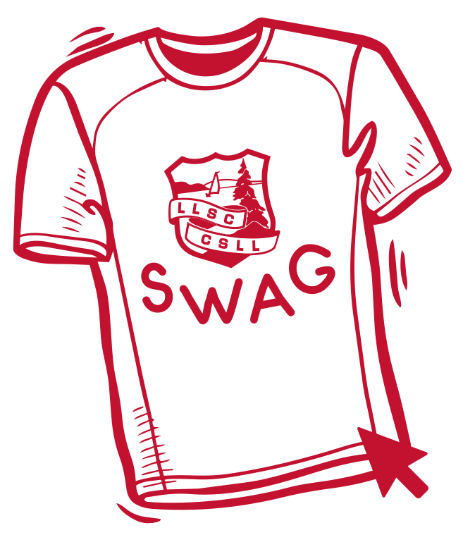 Cartoon illustration of a white T-shirt with a red outline, featuring a crest and the word 'SWAG' written on it.