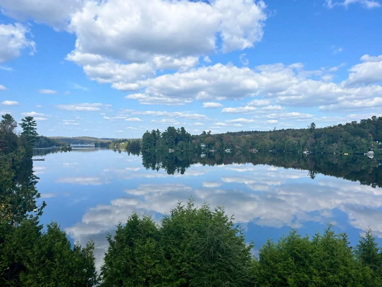 Calm river reflecting partly cloudy blue sky and green trees along the shoreline.