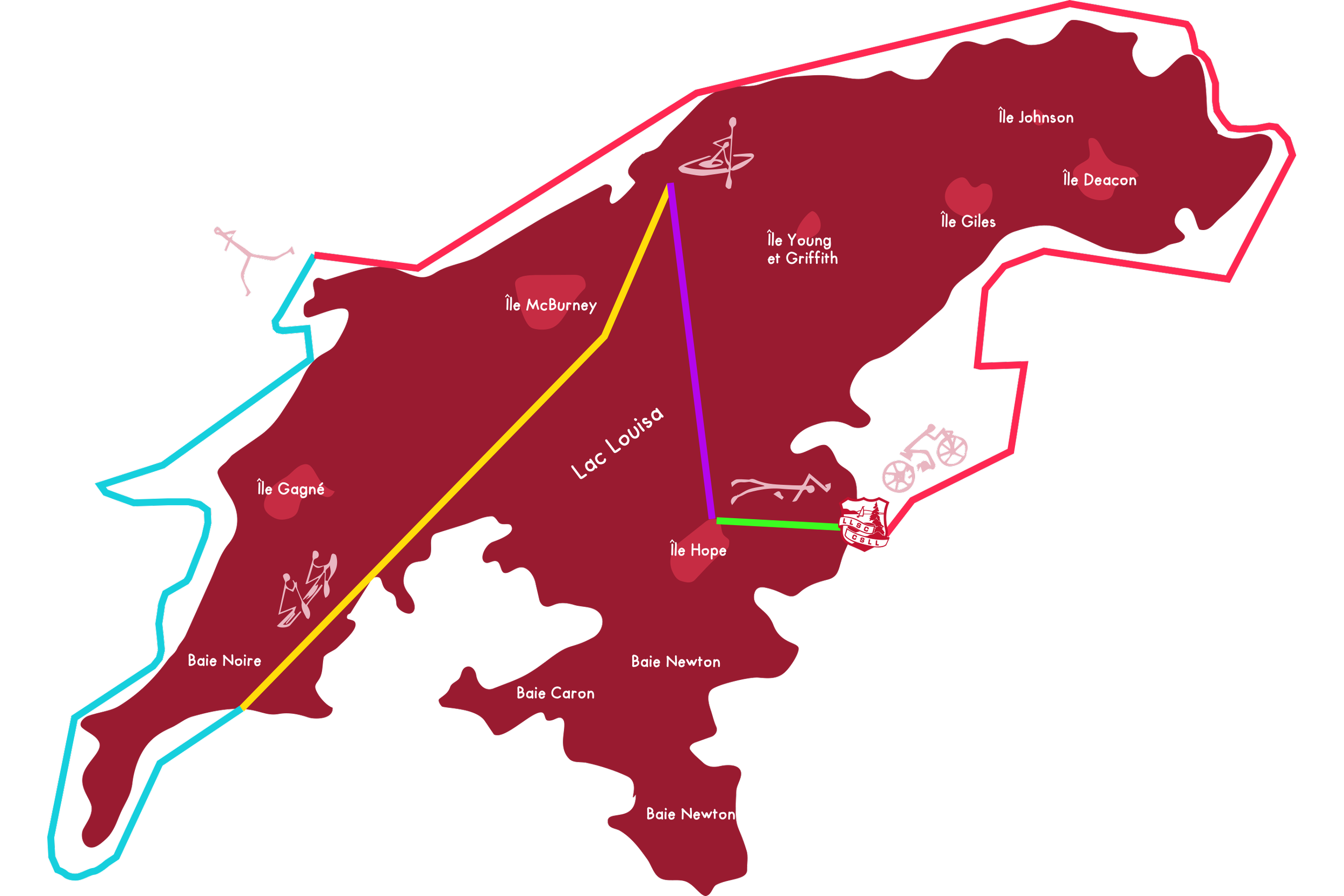 Map of lake and surrounding islands with marked routes and icons of activities like paddleboarding, biking, and boating; includes illustrations of a boat and a bike.