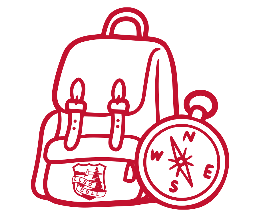 A backpack with a school logo and a compass, outlined in red and white.