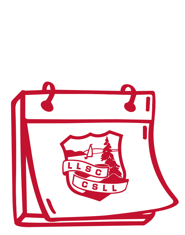 Illustration of a calendar with the logo of the Lac Saint-Louis Lions Club, featuring a sailboat, lake, trees, and the club initials.