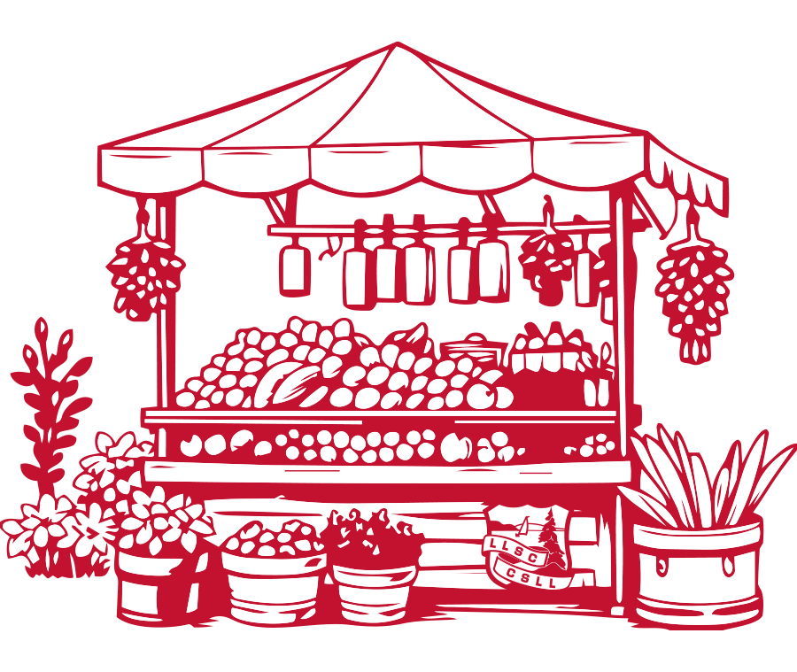 Illustration of a market stand with various fruits, vegetables, and hanging bunches of grapes under a striped canopy, surrounded by potted plants.