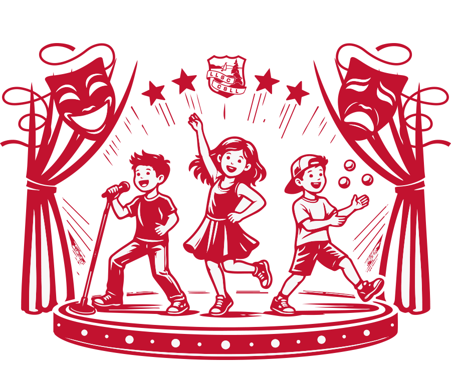 Three children on a stage with red curtains, performing in a theatrical show. The children are dancing and singing, with comedy and tragedy masks hanging from the curtains, and star decorations above them.