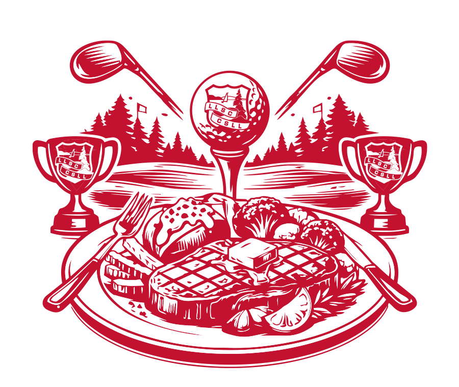 Illustration of a golf-themed meal including steak, potatoes, and vegetables on a plate, with golf clubs, trophies, a golf ball, and a golf course in the background, all in red and white.
