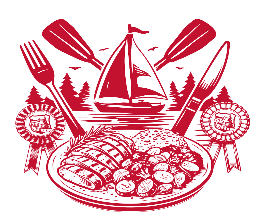 Illustration of a plate of sliced meat with vegetables, a boat, and trees in the background, with two ribbons and cutlery surrounding it.