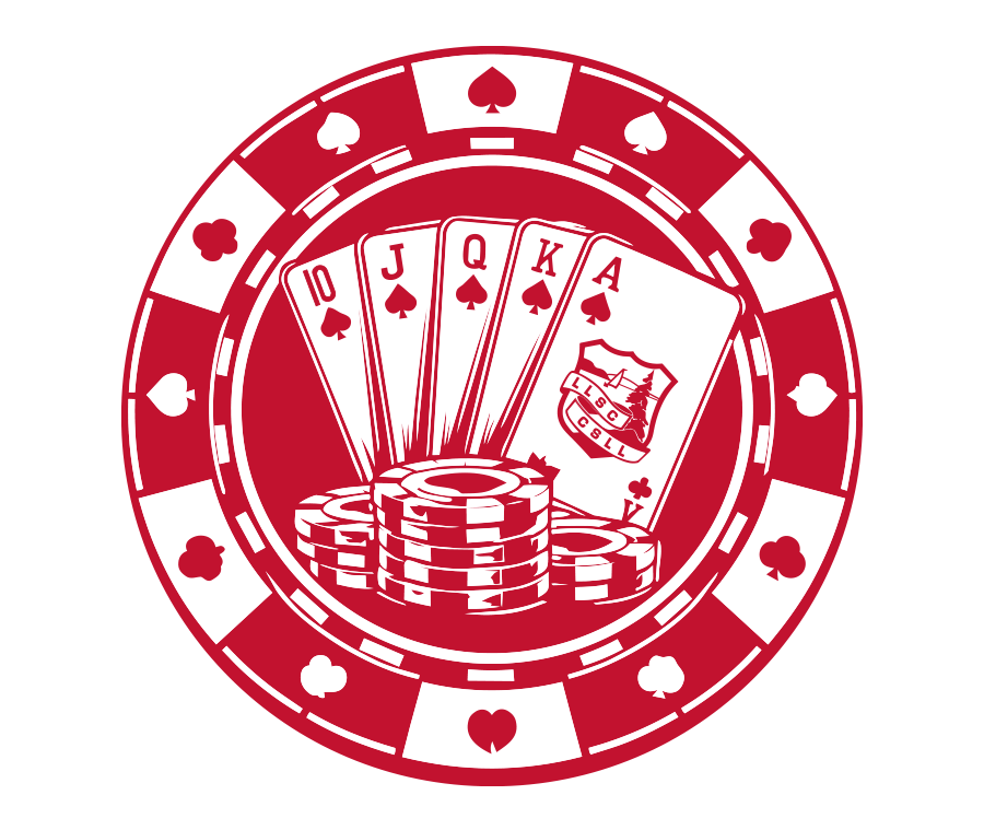A red and white poker chip with playing cards (10, Jack, Queen, King, Ace of Spades) and poker chips in the center.