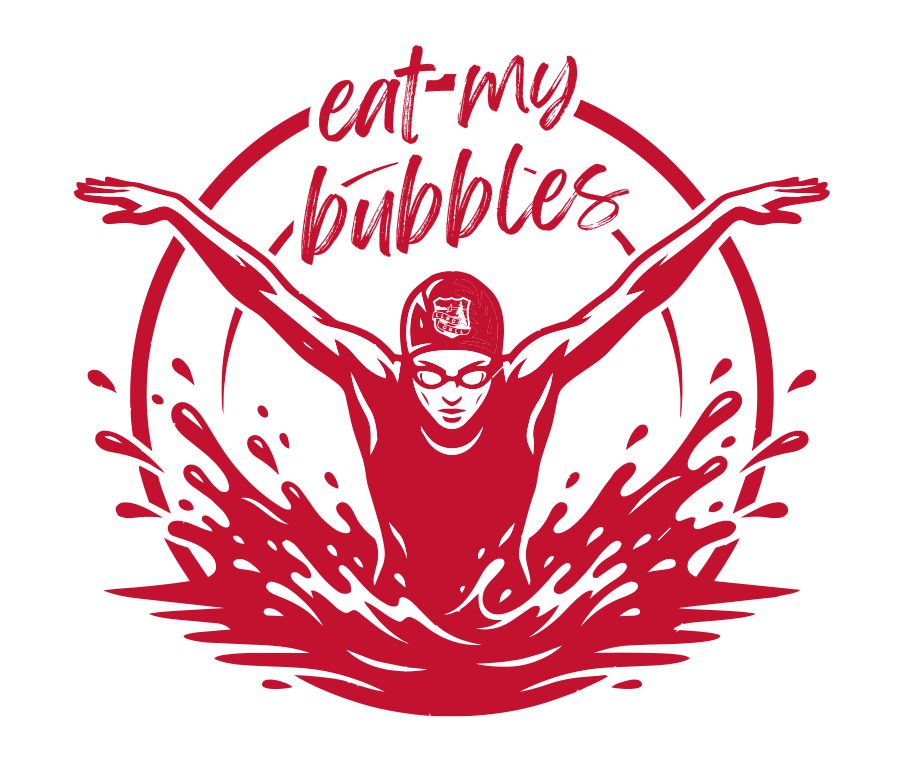 Illustration of a swimmer in a pool with outstretched arms, wearing goggles and a swim cap, alongside the text "eat my bubbles".