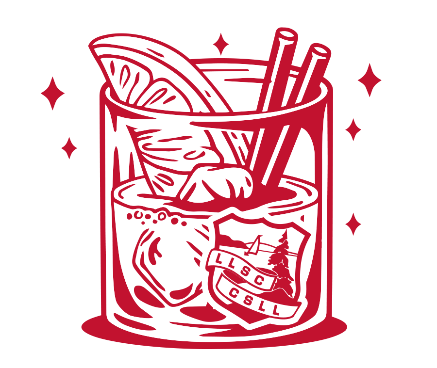 A glass of cocktail with ice, a lemon wedge, and two straws, decorated with a badge featuring a tree and the letters 'FLSC CSSL', surrounded by small sparkling stars.