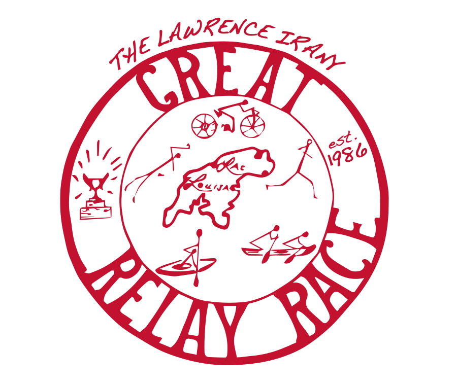 Circular logo with red and white colors. Text reads 'The Lawrence Indian Creations Reily Race Est. 1986'. Illustration of a map of the United States with the word 'Lousiana' written across, along with images of a bicycle, a trophy, fishing boats, and a tower.