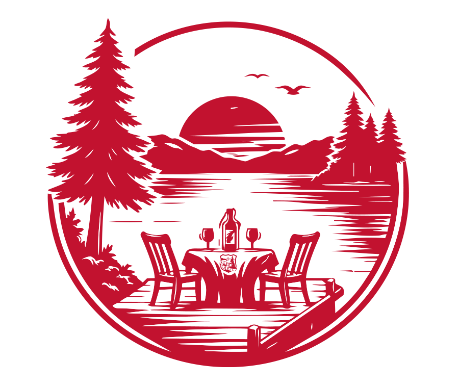 A silhouette illustration of a lakeside sunset with a table set for two, including a bottle and glasses, surrounded by pine trees and mountains.