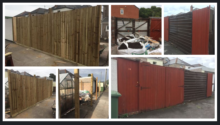 Collection of photos showing different types of fences, including wooden, metal, and painted fences, some with gates, in various stages of construction or repair.