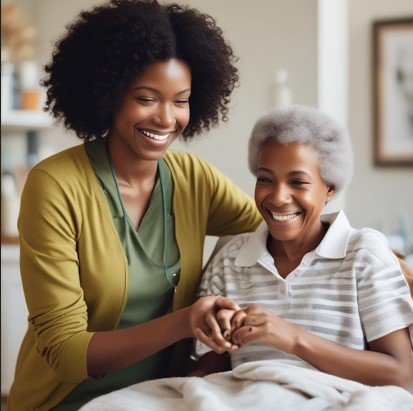 A young woman with curly hair and an older woman with gray hair smiling and holding hands in a cozy room.