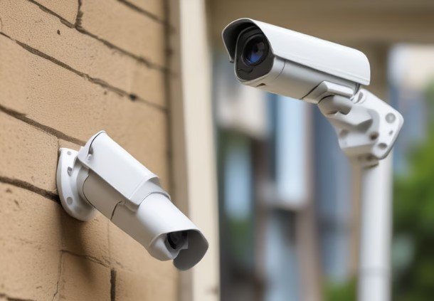 Two white security cameras mounted on a brick wall outdoors.
