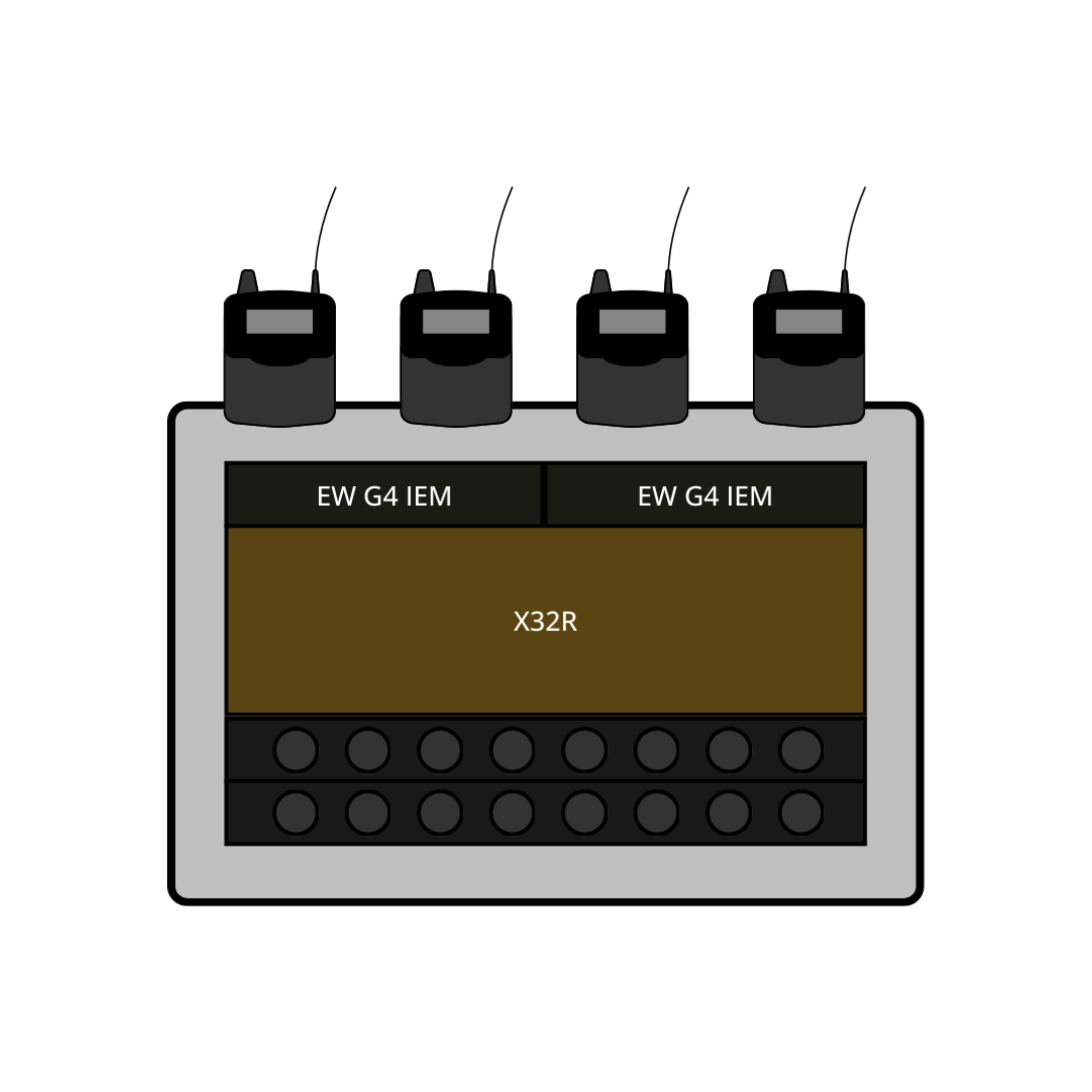 A wireless in-ear rack Equipped with 2 wireless transmitters, 4 mono packs, a console, and 16-channnel analog split.