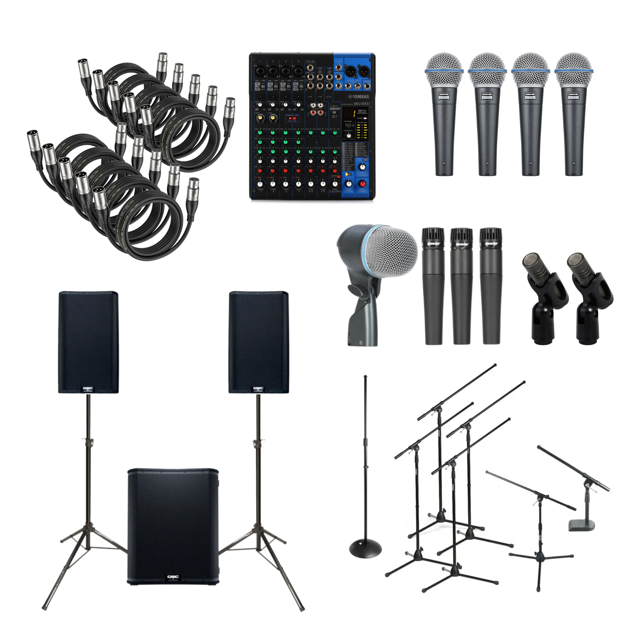 A catalog of production gear to used to put on a local music show or event. This package is Equipped with mics, cables, speakers, stands, and a 12-channel console. 