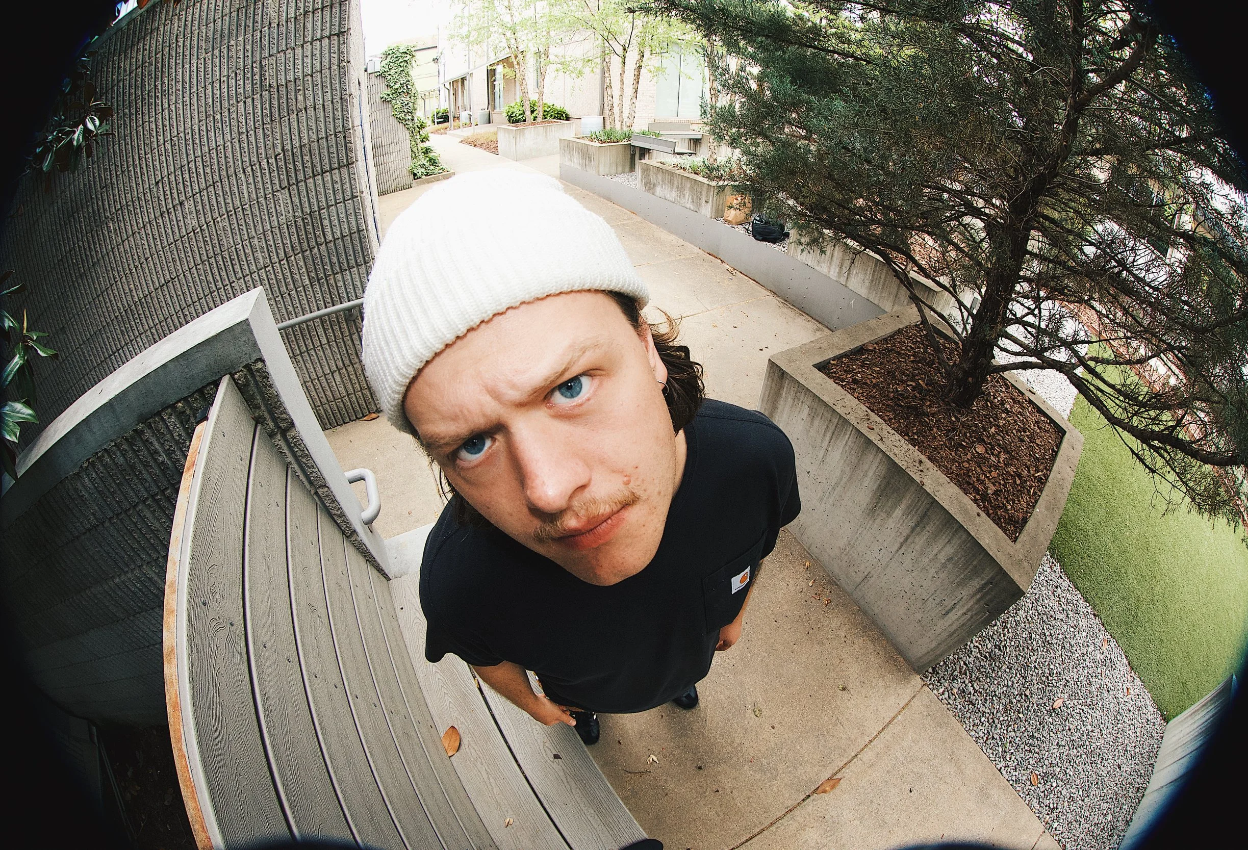A young man with curly hair, wearing a white beanie and a black Carhartt t-shirt, looking up at the camera from a corner of a sidewalk with green trees and potted plants in the background.