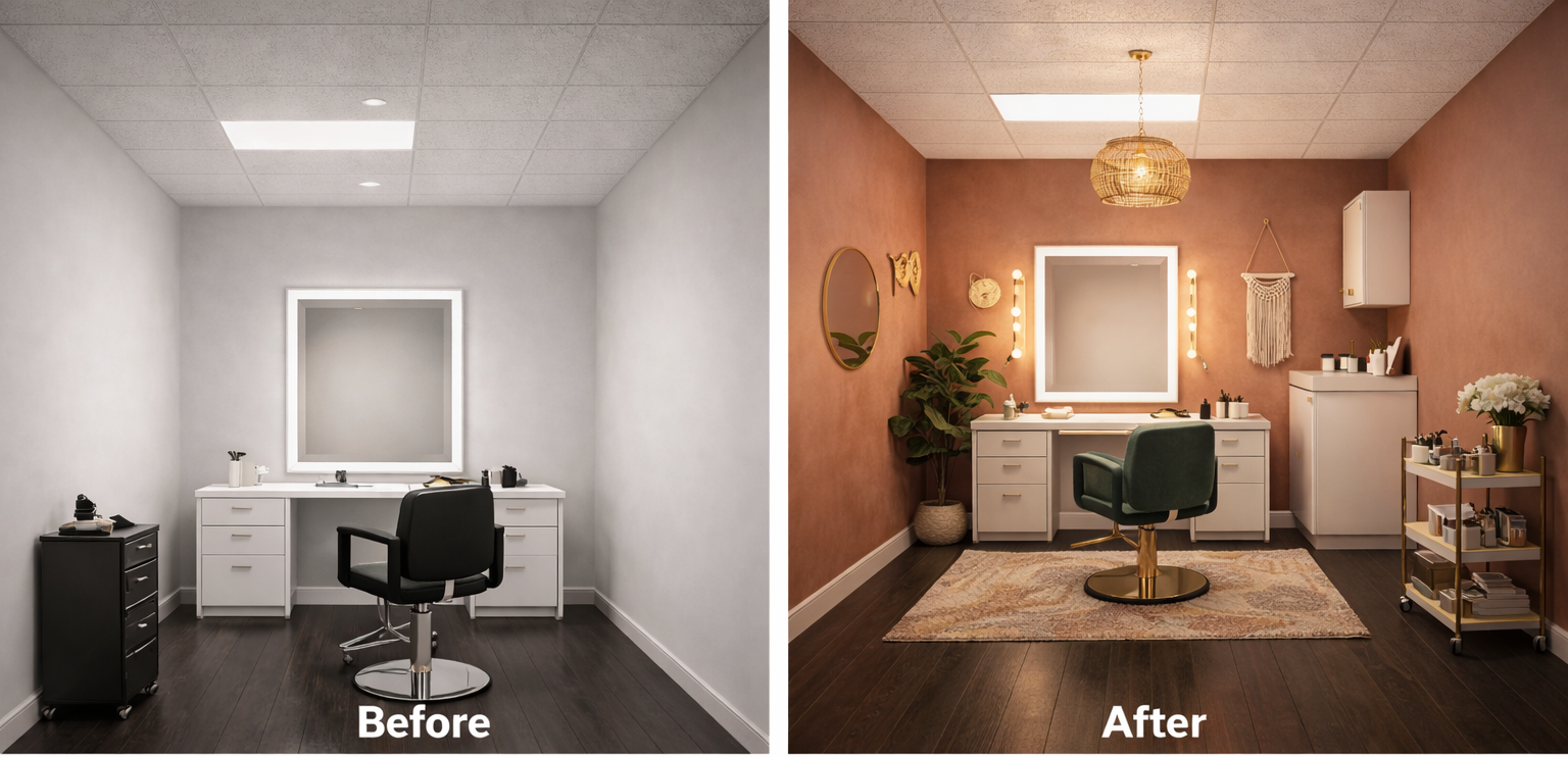 Comparison of a room before and after renovation. The 'Before' side shows a plain, white-colored space with minimal decor, a white desk, black chair, and small black drawer unit. The 'After' side features a warm, pinkish-brown wall, a vanity mirror with lights, a green chair, decorative wall art, a hanging macramé, a rug, a wicker pendant light, and additional decor such as plants, flowers, and storage units.