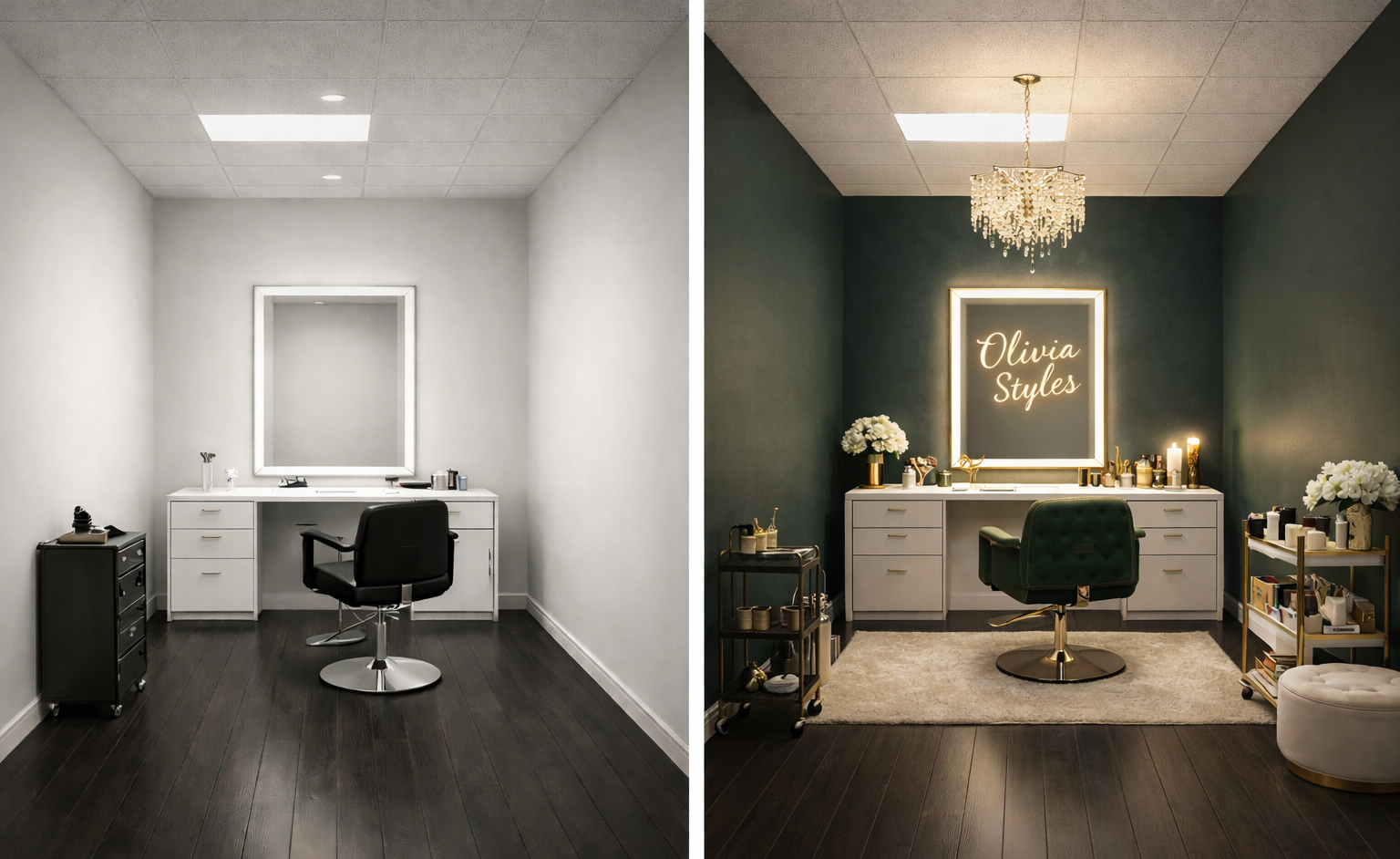 Transformation of a beauty or makeup studio, before and after. Before: plain white walls, minimal decor, black chair, small black and white furniture. After: elegant setup with dark green walls, gold accents, floral decor, chandelier, illuminated mirror with the name 'Olivia Styles', plush rug, stylish furniture and decorations.