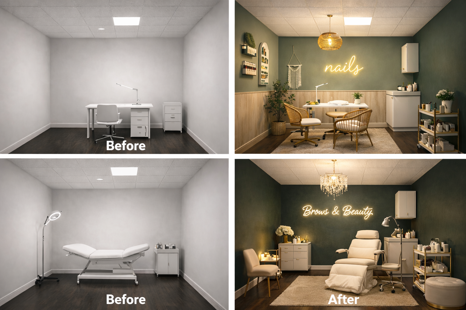 Transformation of a spa or beauty salon treatment room, showing a before and after renovation. The top images depict an empty, plain office space with white walls and minimal furniture. The bottom images show the same room after renovation with a beauty treatment setup, including elegant decor, lighting, and furniture, one for nails and the other for brows and beauty treatments.