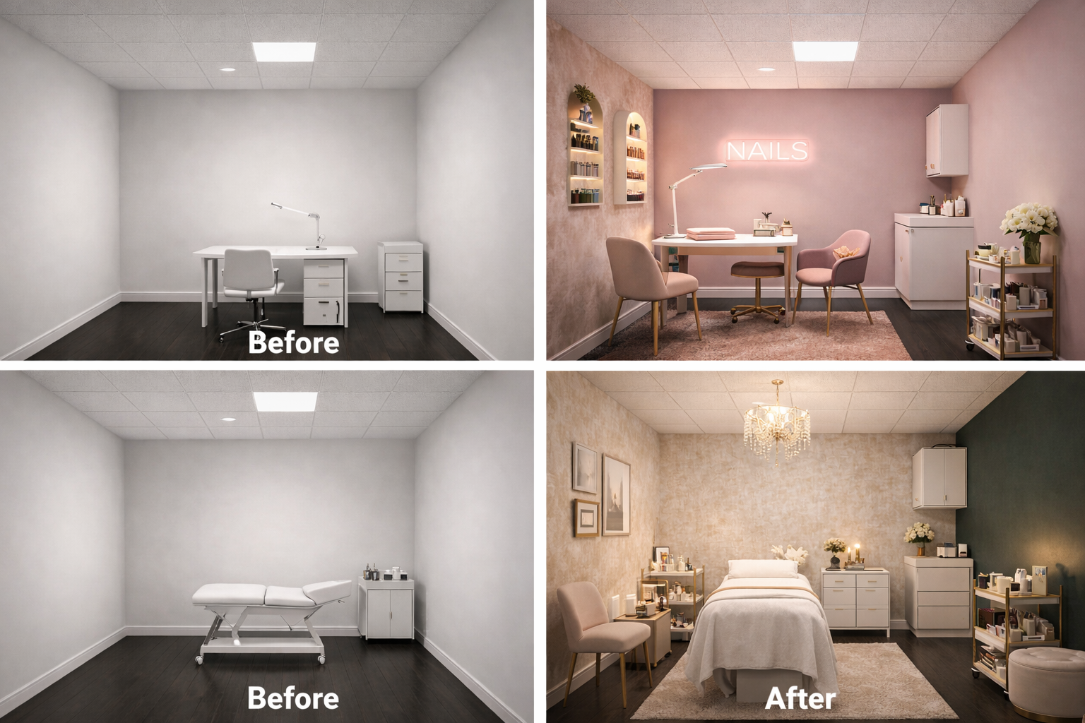 Comparison of a room before and after renovation. The top left shows an empty white room with a desk and chair. The top right shows the same room now decorated as a nail salon with pink walls, shelves of nail supplies, and a neon "NAILS" sign. The bottom left shows an empty white room with a medical examination table. The bottom right shows the same room transformed into a cozy bedroom with a bed, side tables, artwork, and soft lighting.