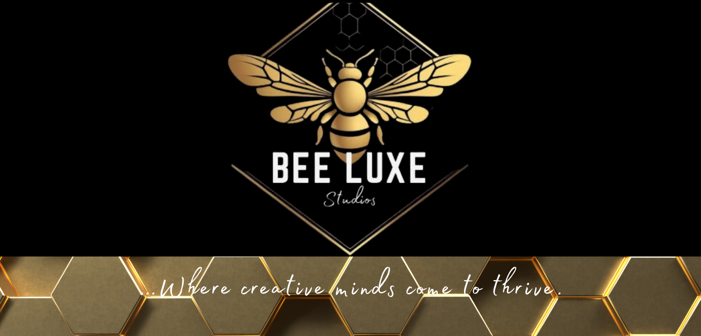 Logo for Bee Luxe Studios featuring a gold bee with detailed wings above the text 'Bee Luxe Studios' on a black background. Below, a gold honeycomb pattern with the tagline '. . .Where creative minds come to thrive.'