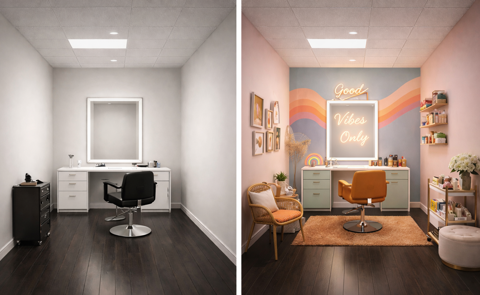 Comparison of two room setups: on the left, a minimalist white vanity with a mirror, black chair, and small black cabinet in a plain white wall room; on the right, a colorful, cozy vanity with pastel walls, wall art, a neon sign that says 'Good Vibes Only,' and various decorative items and plants in a welcoming, styled space.