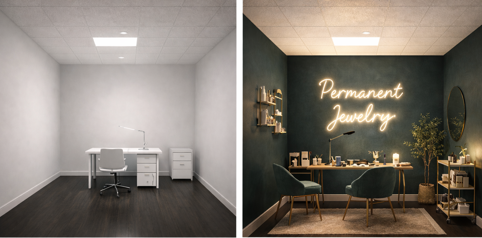 Comparison of two office or workspace interiors: the left shows an empty, minimalist white desk with a chair in a plain white room, the right depicts a decorated modern jewelry store or studio with a neon sign reading "Permanent Jewelry," green walls, a table with jewelry, chairs, plants, and decorative shelves.