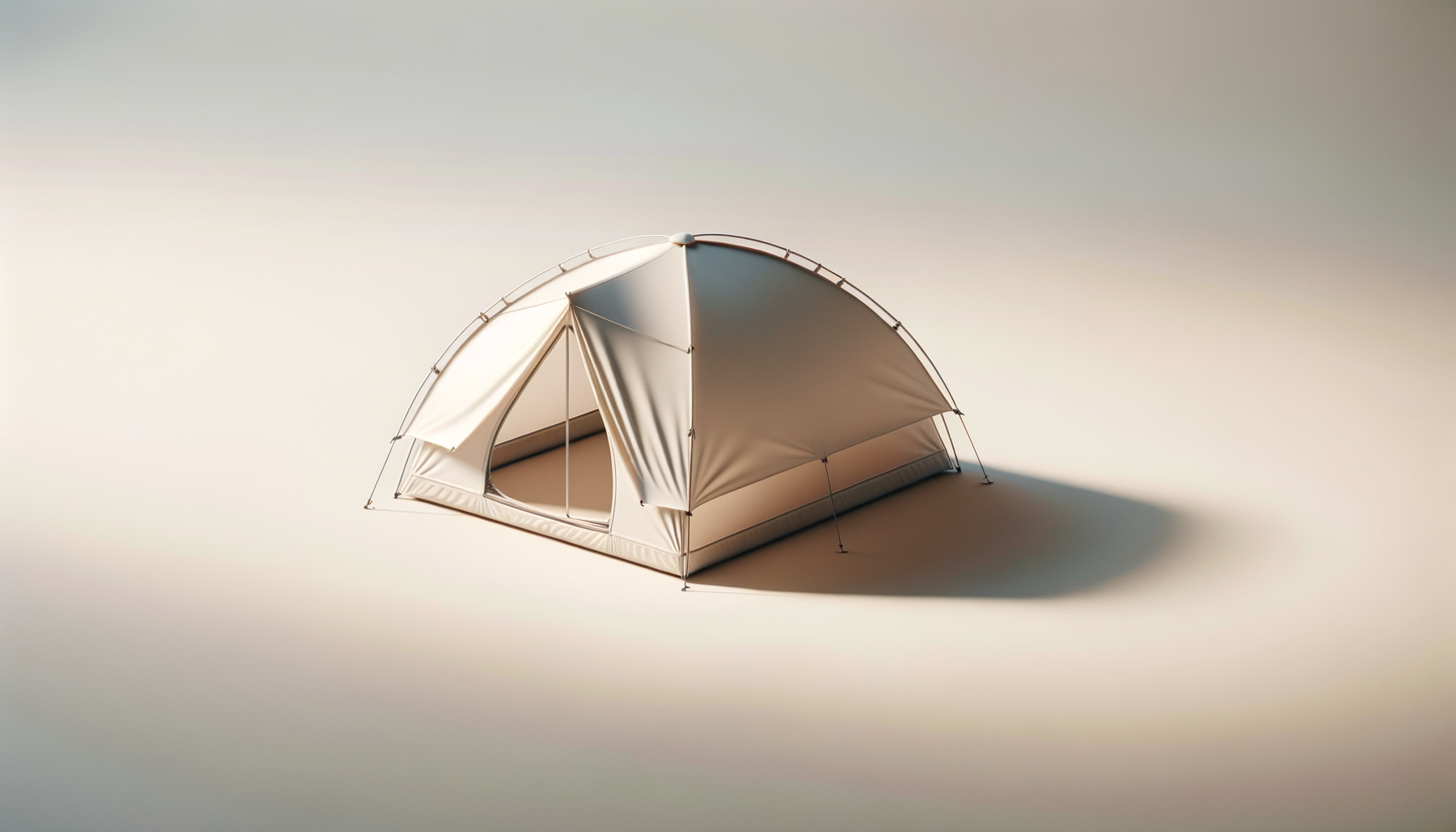 A beige camping tent set up on a smooth surface with a shadow cast to the right.
