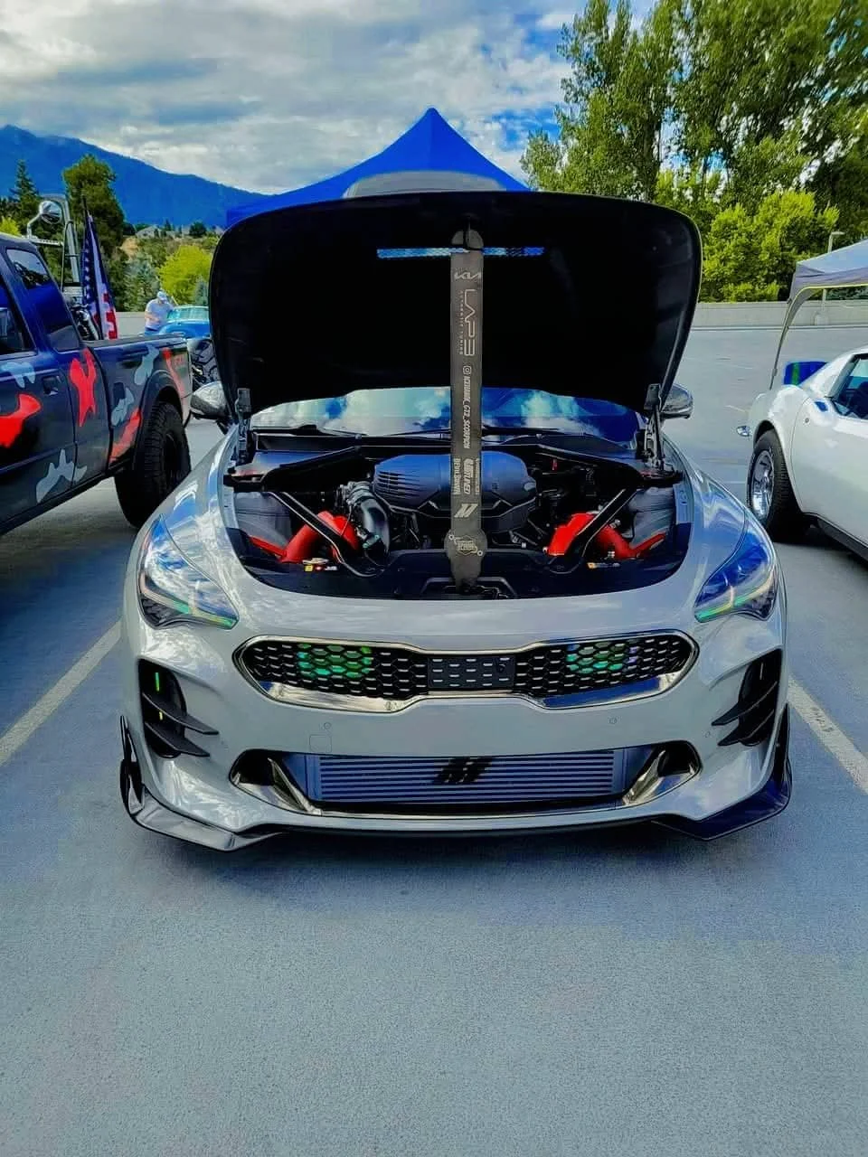 Front view of a white sports car with its hood open, revealing a modified engine with red and black components, parked in a lot with other vehicles and greenery in the background.