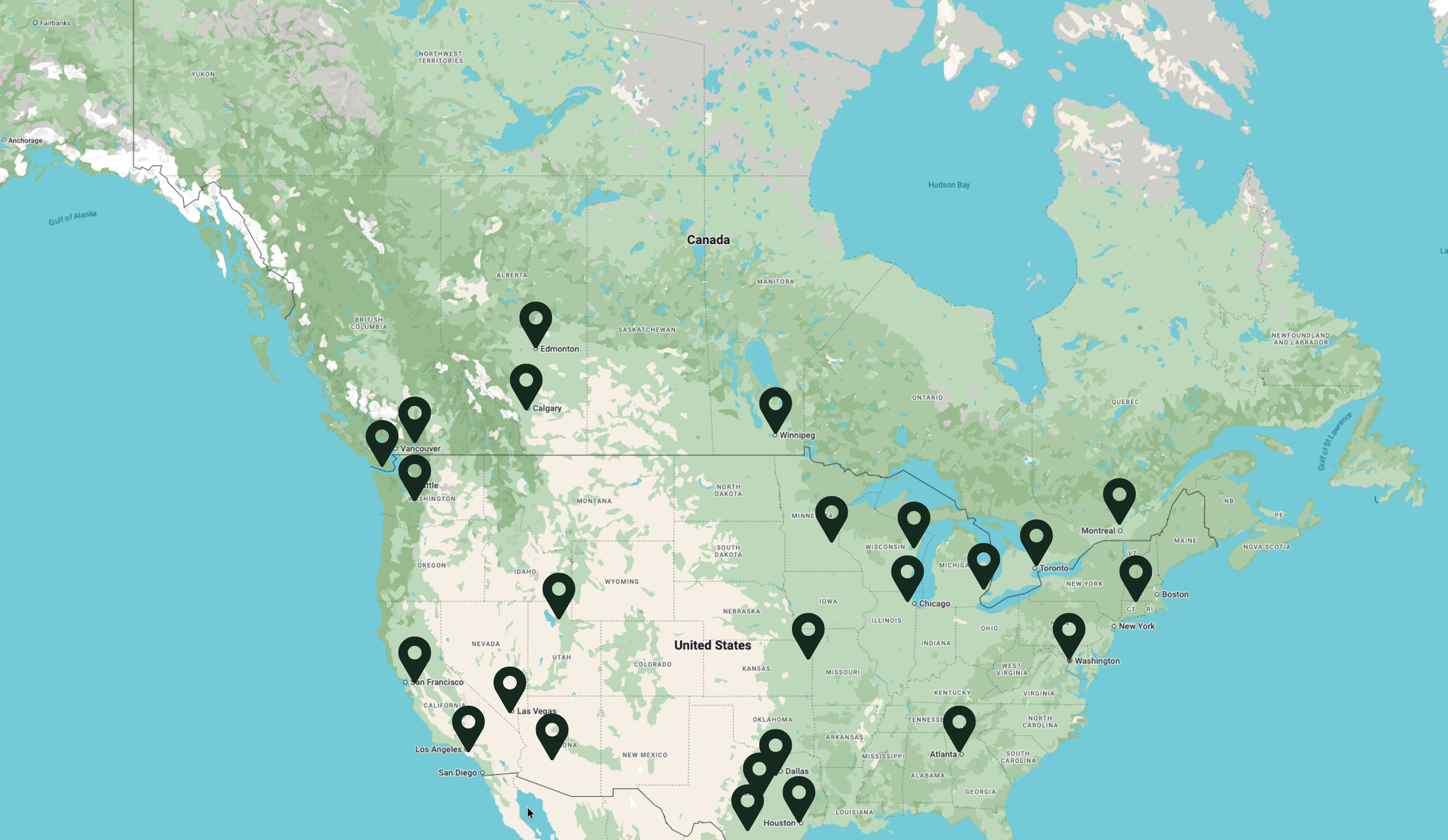 Map of North America with black location markers indicating various cities across the United States and Canada, including New York, Los Angeles, Houston, Dallas, Toronto, Vancouver, and Edmonton.