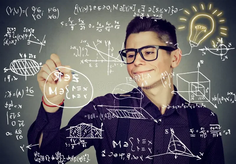 A young person wearing glasses writing on a transparent board filled with mathematical and scientific formulas, diagrams, and a glowing light bulb illustration.