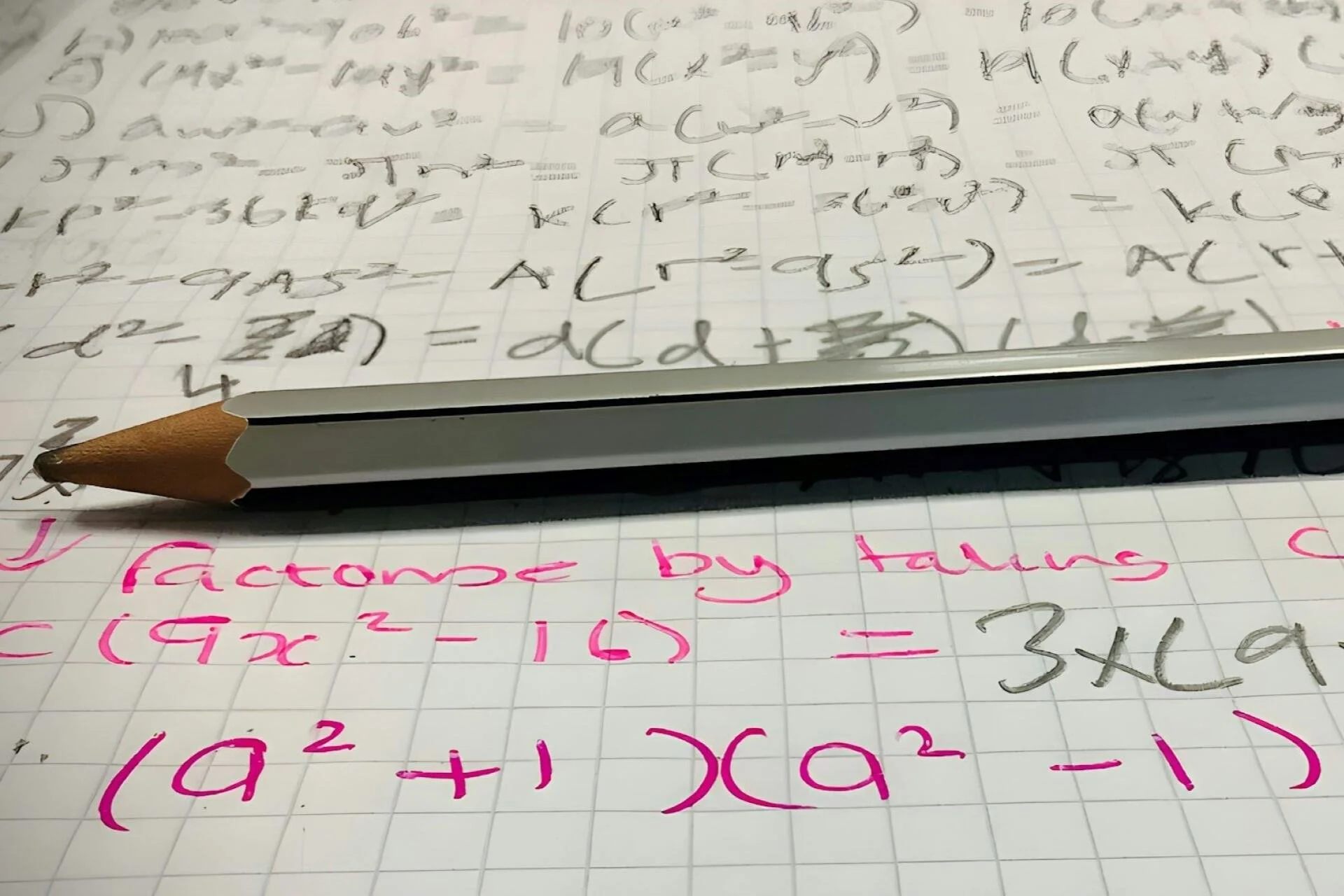 Close-up of a sheet of graph paper with handwritten mathematical equations in black and pink ink. A pencil rests on the paper.