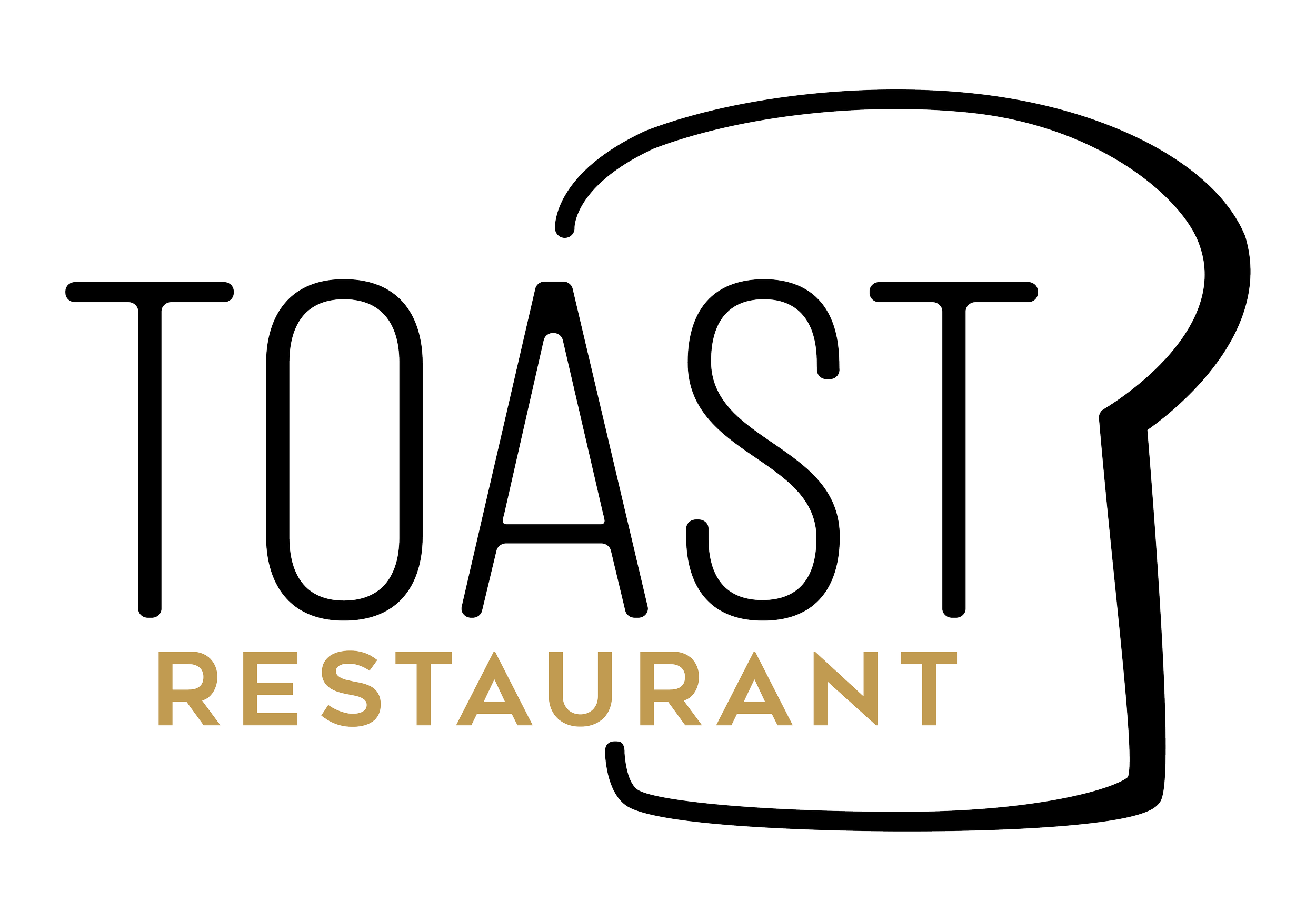 Neon sign with the words "TOAST RESTAURANT" outlined in white, with the word "RESTAURANT" filled in gold-colored font. The sign also features a large outline of a beer mug in the background.