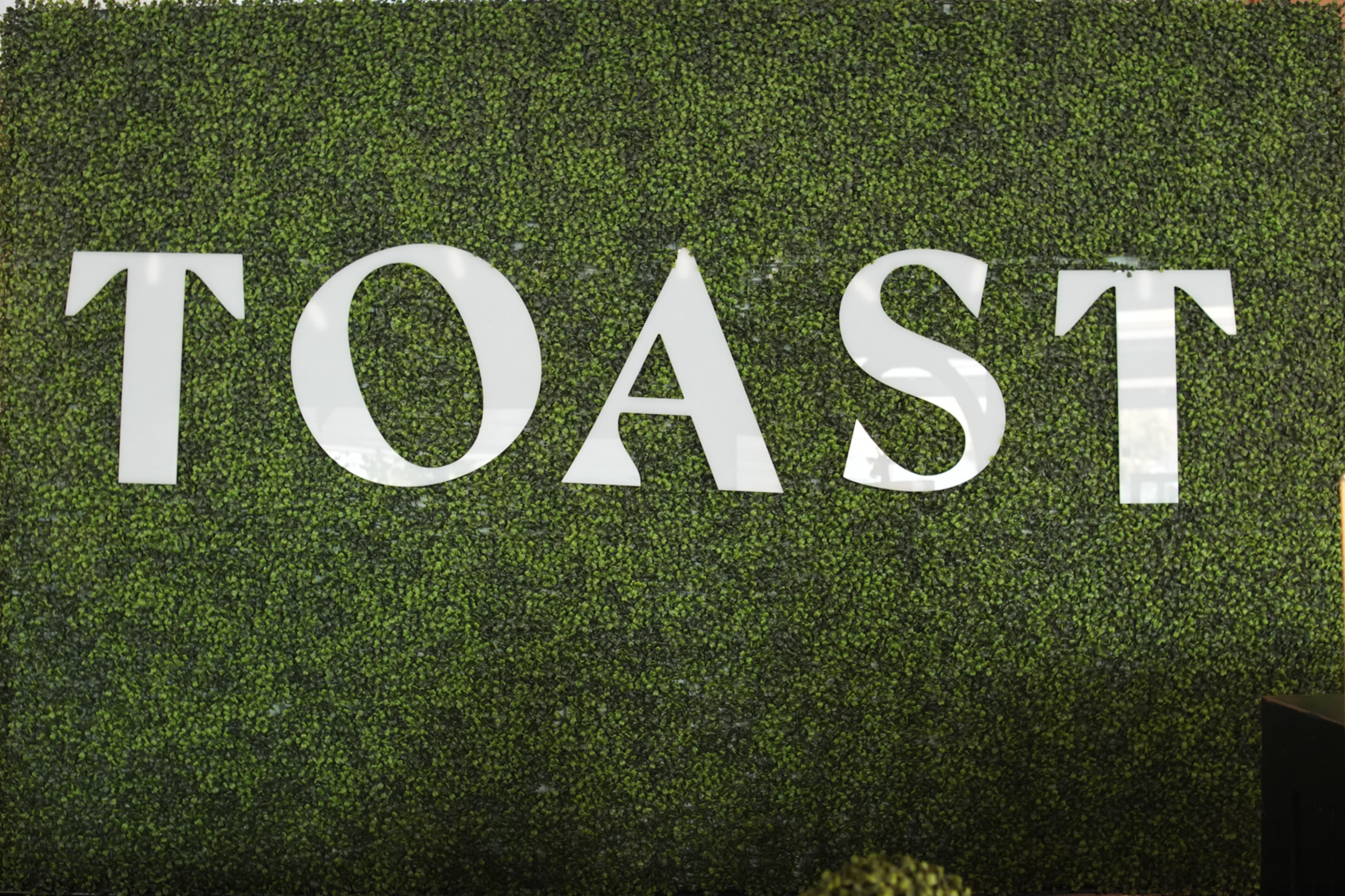 White letters spelling 'TOAST' mounted on a green moss wall.