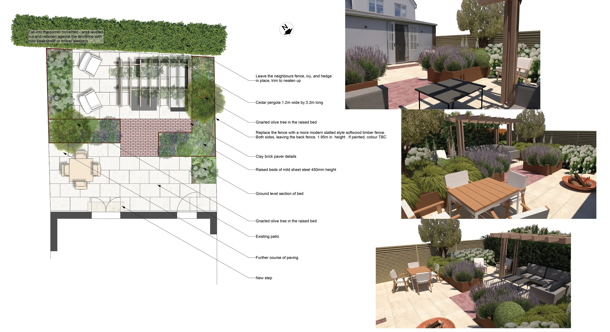 Camilla jousiffe garden design plan visuals pergola raised beds clay pavers