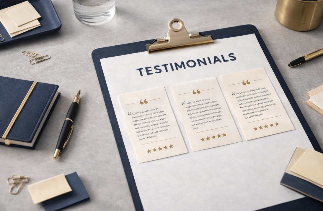 Clipboard with 'Testimonials'