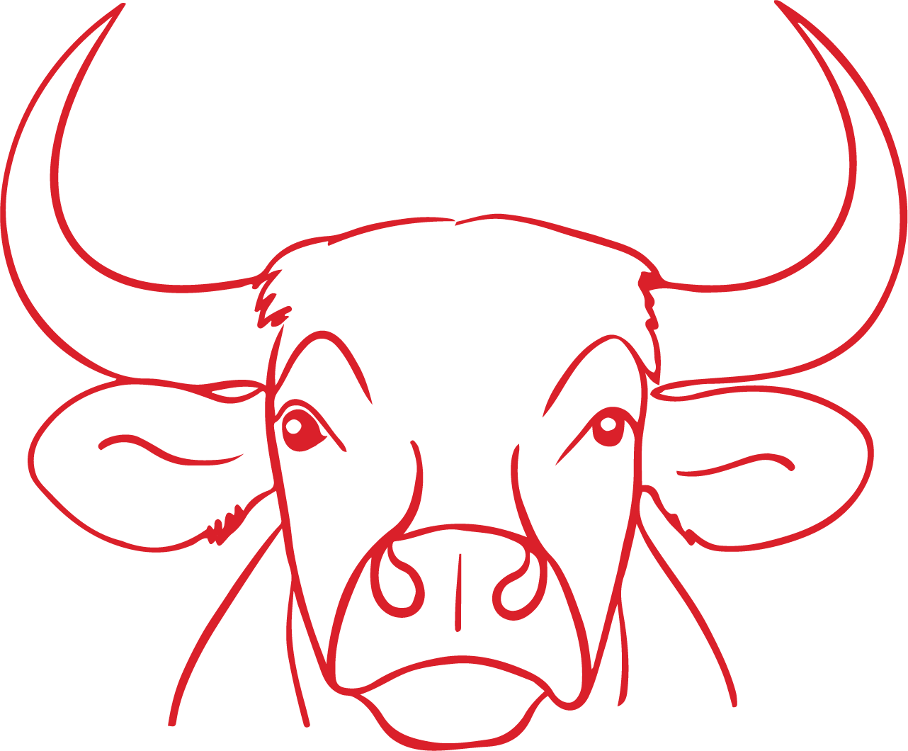 Red outline drawing of a bull's head with large curved horns and ears on a black background.