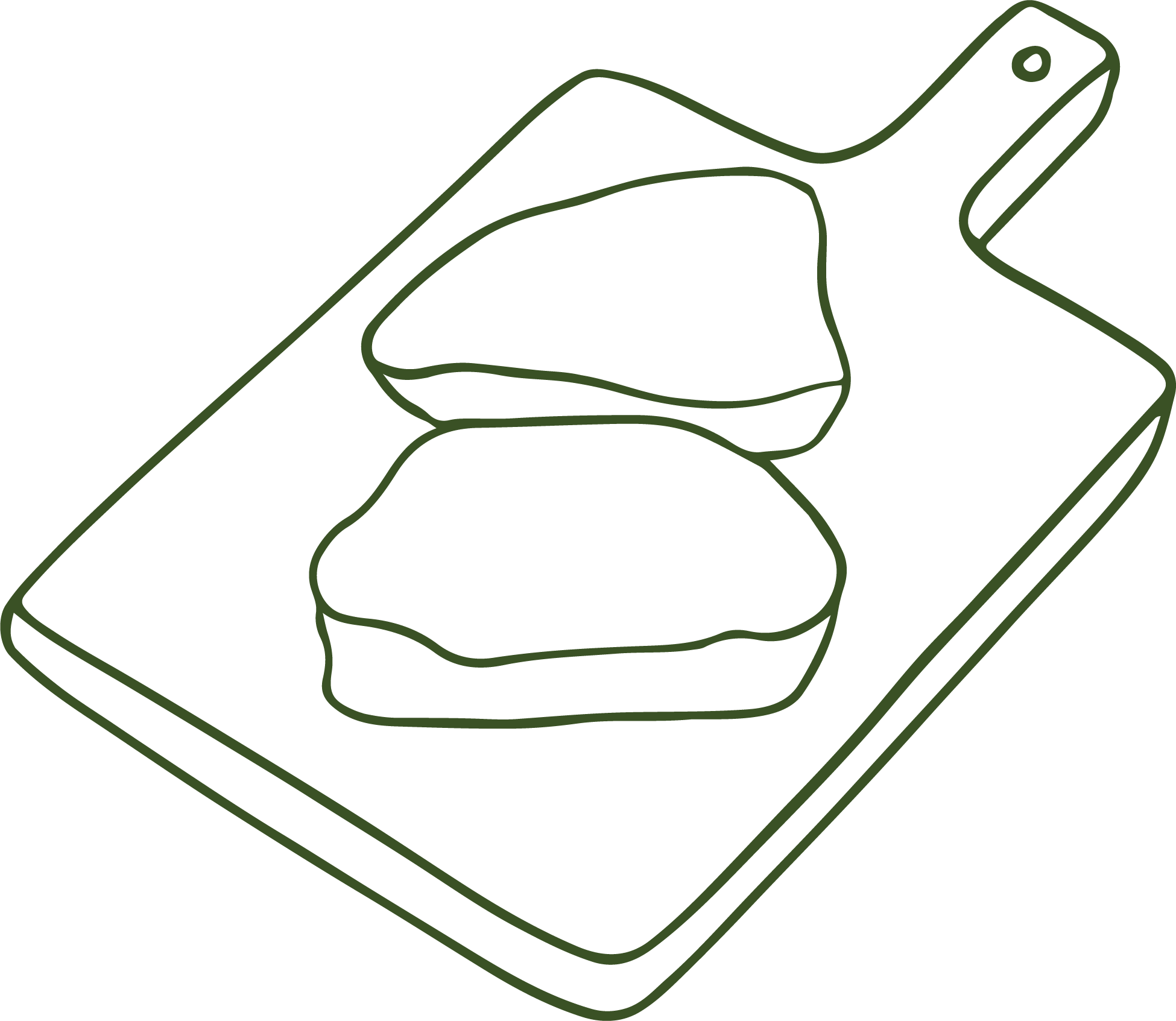 Line drawing of a wooden cutting board with two pieces of meat placed on it.