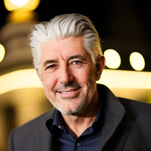 A middle-aged man with silver hair and a beard, wearing a dark blazer and a blue shirt, smiling at the camera with a blurred background of warm lights.