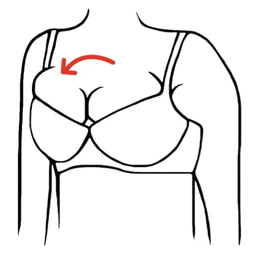Illustration of a woman's chest and shoulders wearing a bra, with a red arrow pointing to her left shoulder.