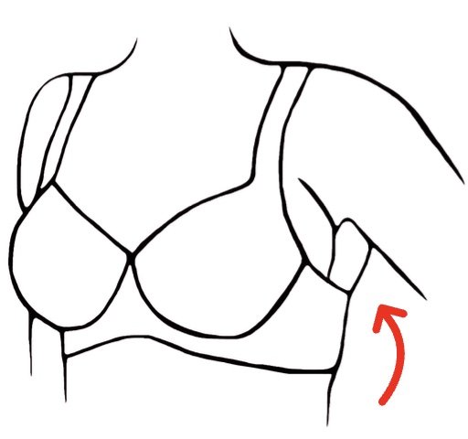 Line drawing of a woman's upper torso and arms, with a red arrow indicating a movement or direction on the upper arm.