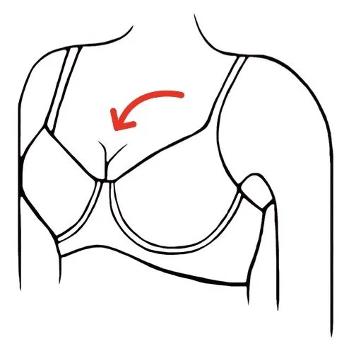 Line drawing of a woman wearing a bra with a red arrow pointing to the cleavage area.