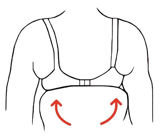 Illustration of a person's torso showing breast support with arrows indicating upward motion.