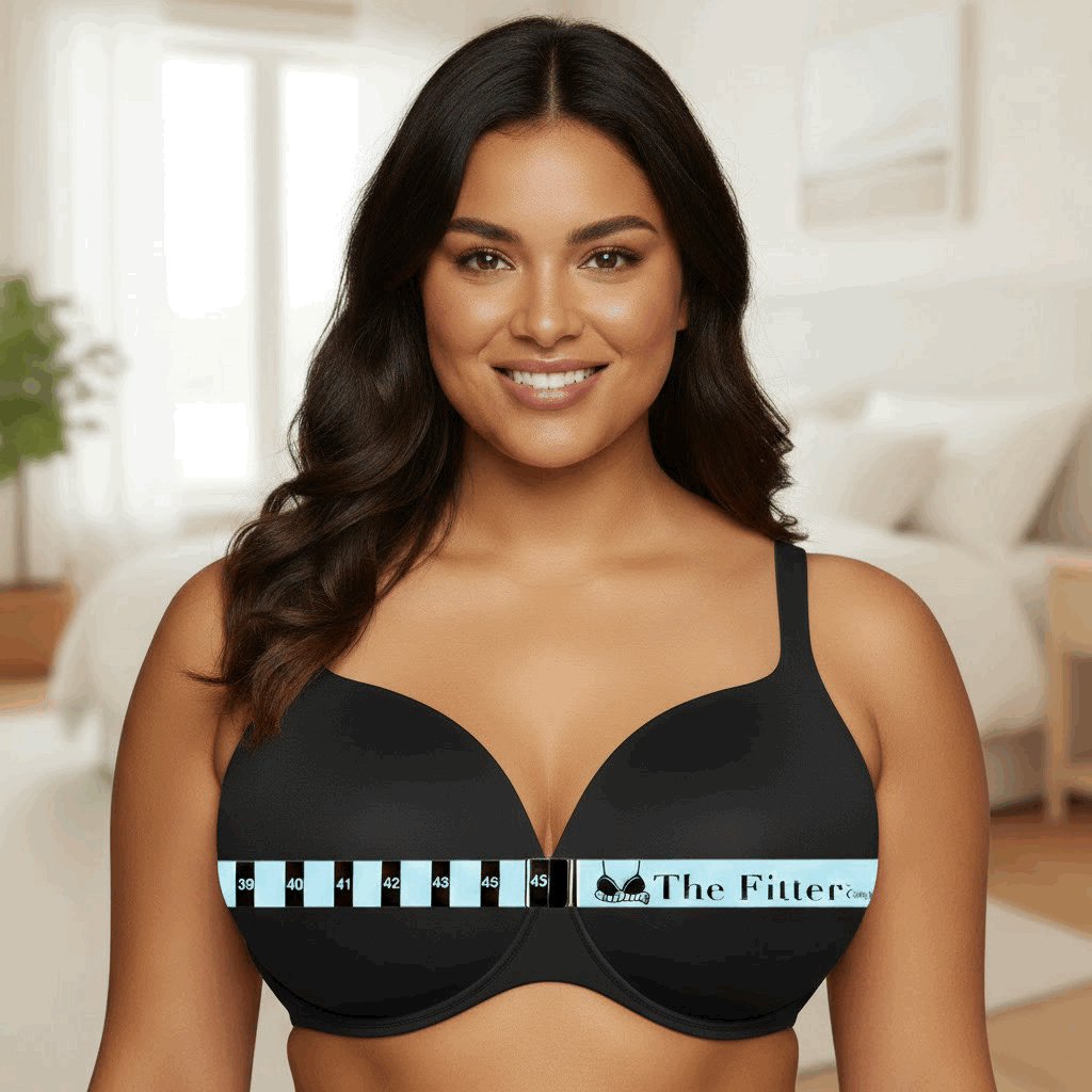 A woman in a black bra standing indoors with a measuring tape across her chest.