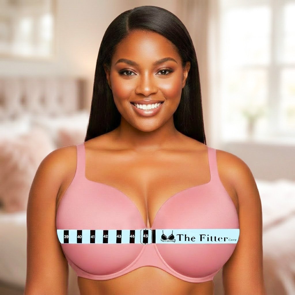 A young woman with long black hair smiling in a pink bra with a measuring tape labeled 'The Fitter' around her chest.