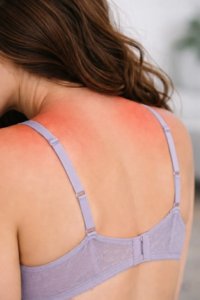 Close-up of a woman's shoulder and upper back showing red skin irritation likely from a sunburn.
