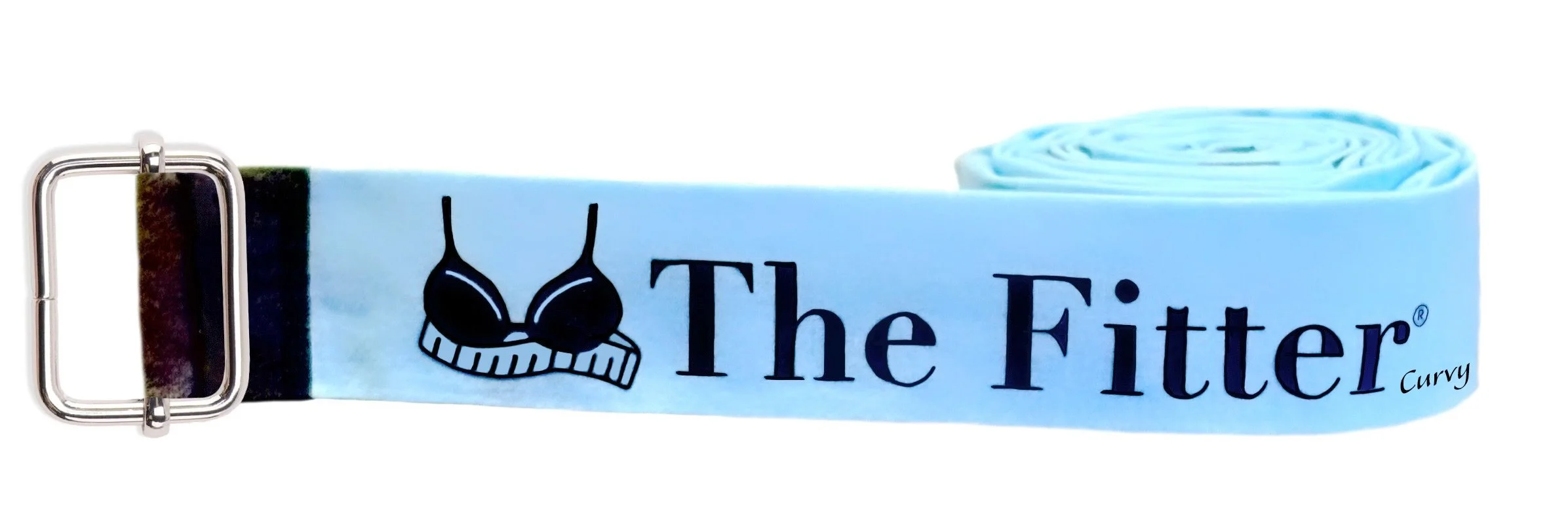 Light blue fabric belt with a black graphic of a bra and the words "The Fitter" printed on it.