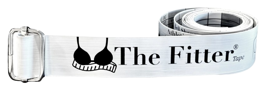 Rolled white tape belt with black text 'The Fitter Tape' and a graphic of a bra with measuring tape, with a metal buckle on the left.