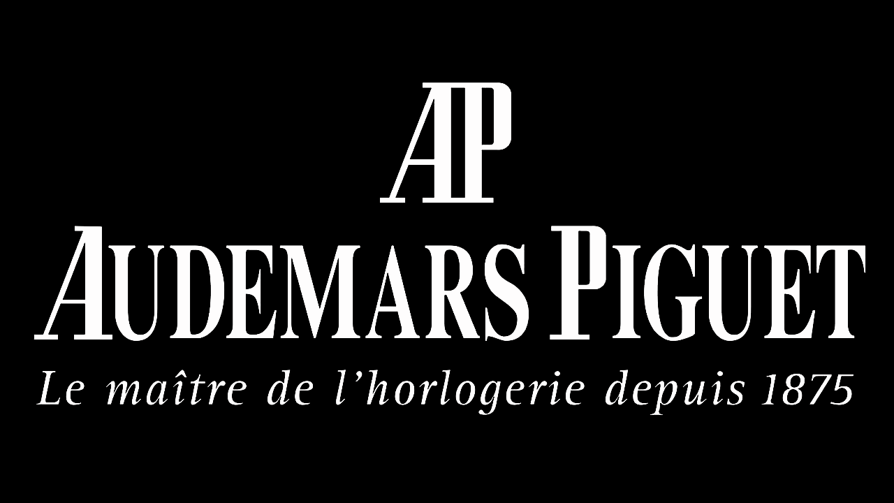 Logo de la marque de montres Audemars Piguet avec le texte 'Le maître de l'horlogerie depuis 1875' sur fond noir.